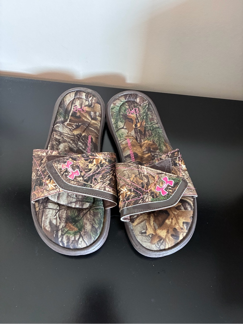 Under Armour Camouflage Slide Sandals with Pink Logo